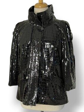 Berek Brown Faux Croc Leather Jacket Bomber Vintage Zip Up High Collar Sz L